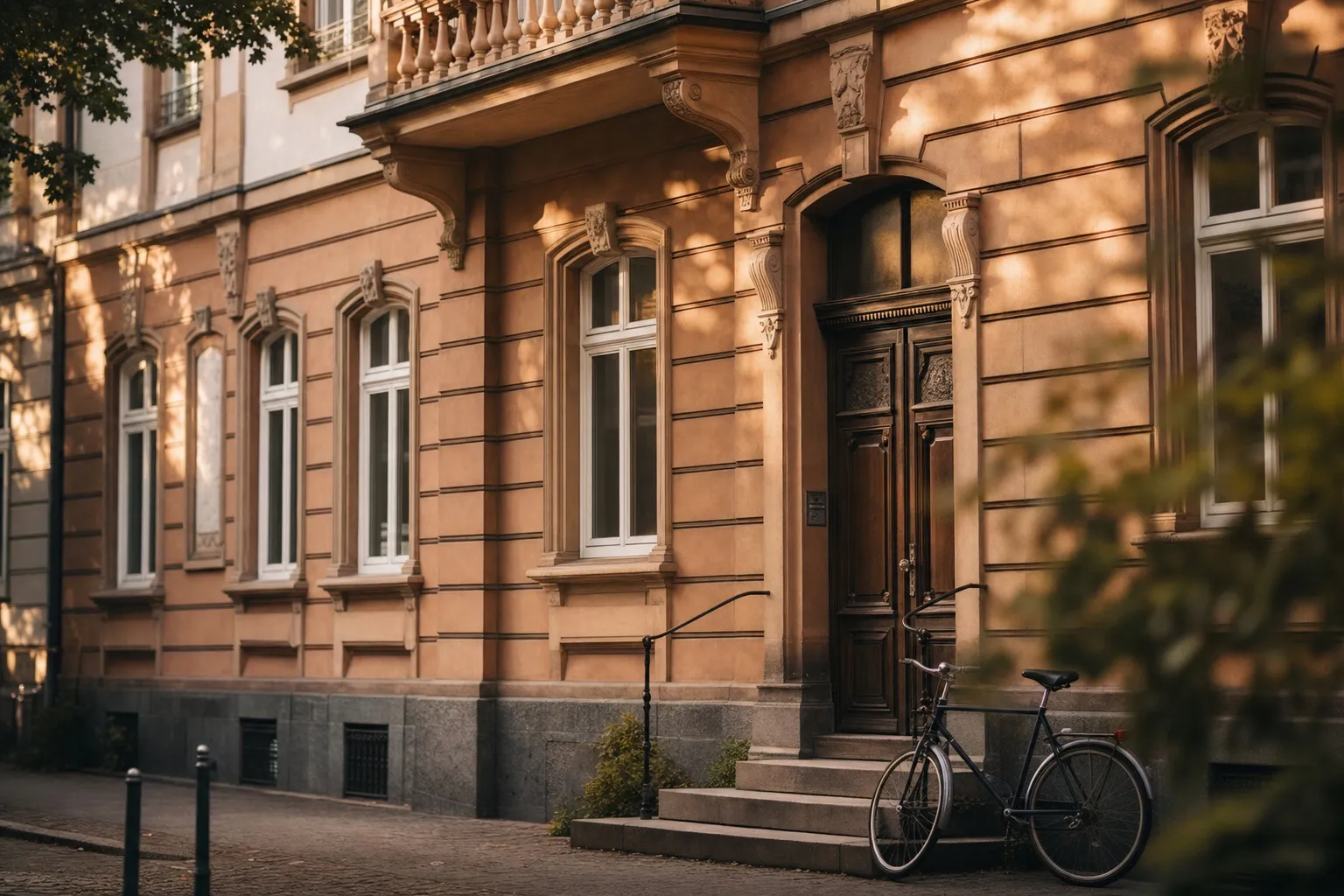 Altbaufassade mit hohen Fenstern und Fahrrad am Hauseingang – Symbolbild, KI-generiert
